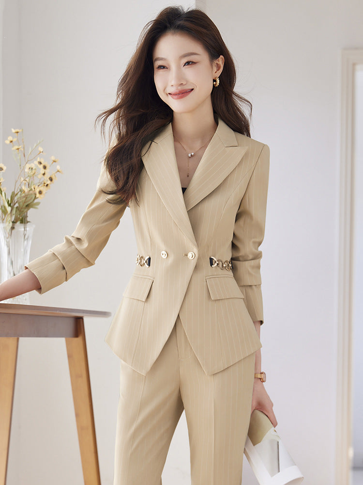Cross-Border Spring and Autumn Striped Business Suit for Women, Blazer with Flared Pants, Slim Fit Waist-Cinching Workwear for Office and Hotel Reception