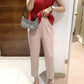 Miyake 2026 Straight-Leg Fashion High-Waisted Pocketed Cropped Pants with Elastic Waistband, Stretchy Pleated Slimming Cigarette Pants for Women