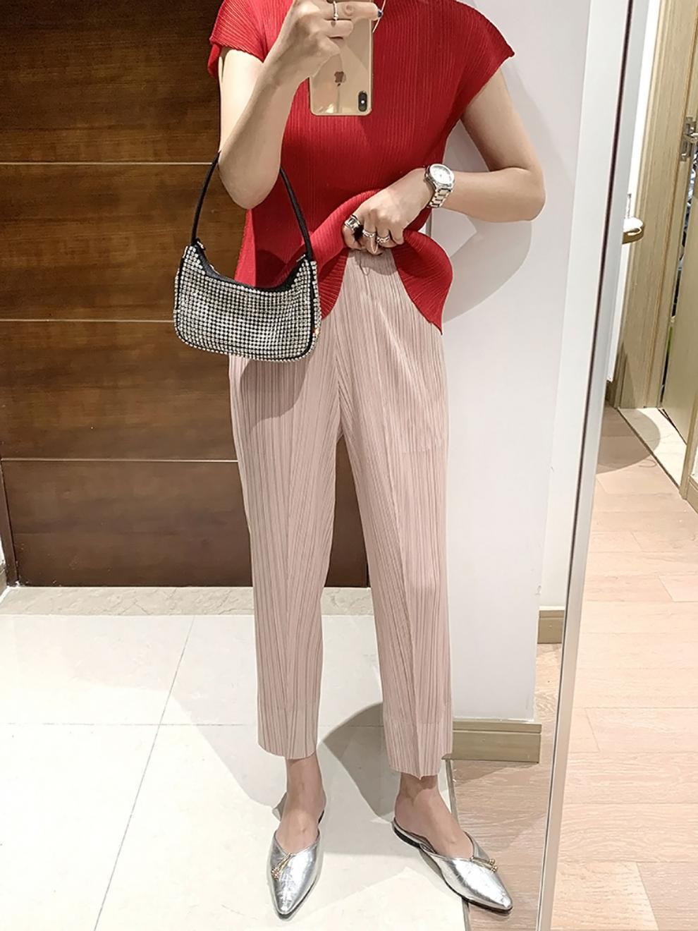 Miyake 2026 Straight-Leg Fashion High-Waisted Pocketed Cropped Pants with Elastic Waistband, Stretchy Pleated Slimming Cigarette Pants for Women
