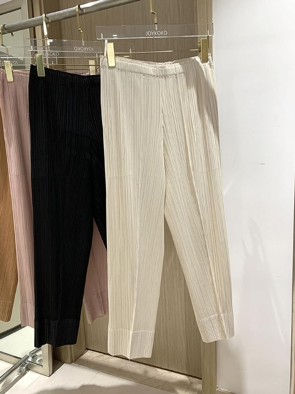 Miyake 2026 Straight-Leg Fashion High-Waisted Pocketed Cropped Pants with Elastic Waistband, Stretchy Pleated Slimming Cigarette Pants for Women
