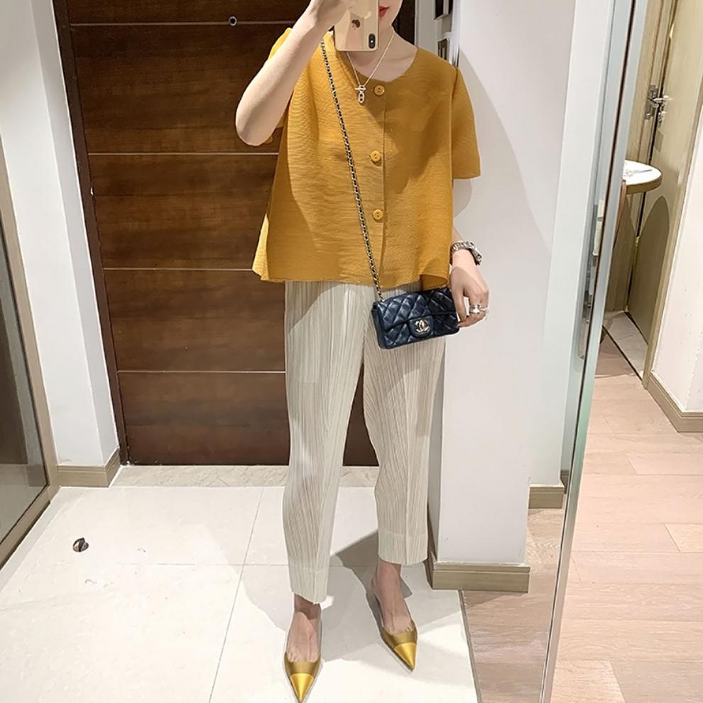 Miyake 2026 Straight-Leg Fashion High-Waisted Pocketed Cropped Pants with Elastic Waistband, Stretchy Pleated Slimming Cigarette Pants for Women