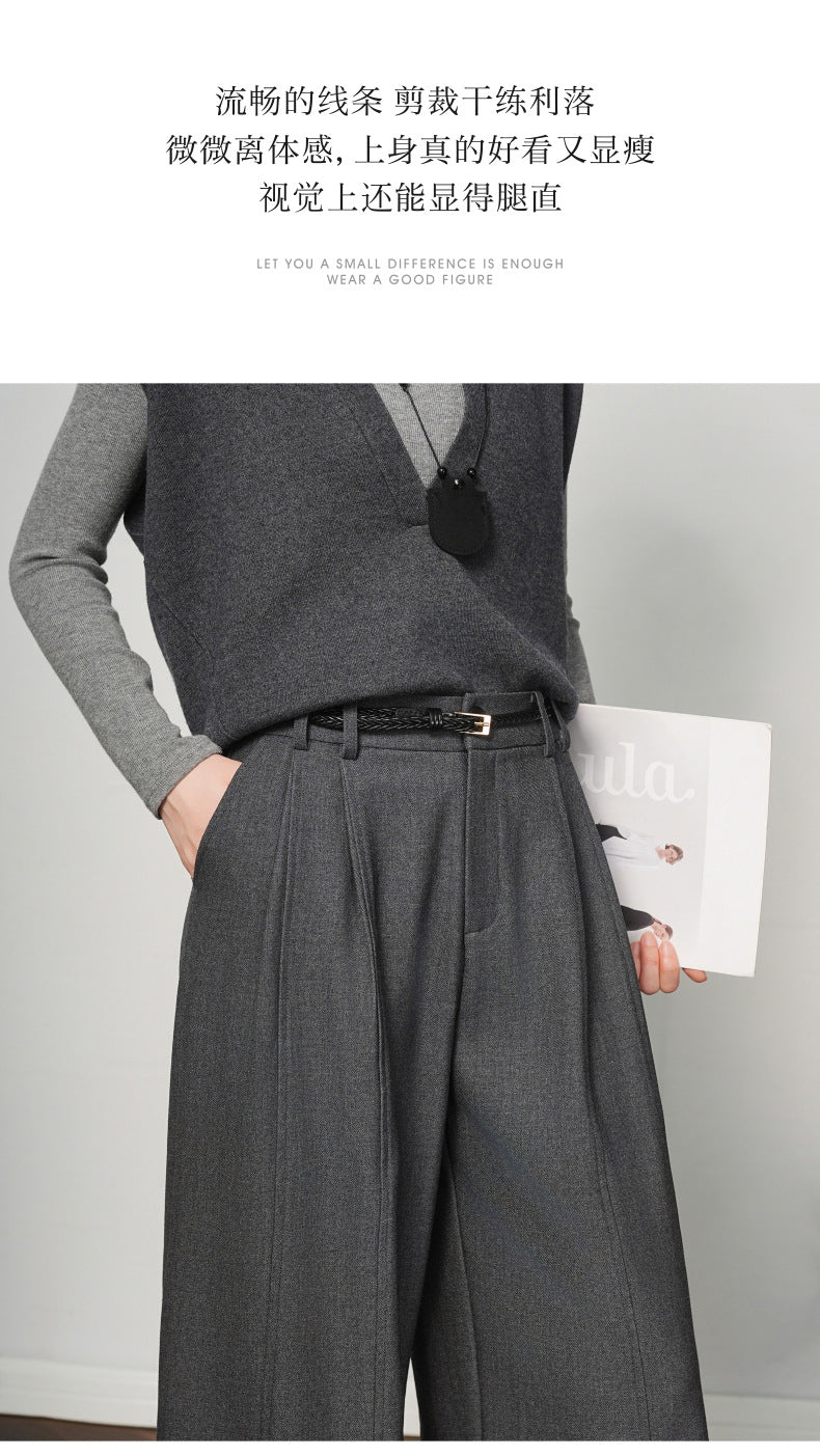 Authentic Wool Wide-Leg Pants for Women 25 New High-Waisted Slimming Tummy-Covering Straight-Leg Pants Women's Vertical Casual Pants