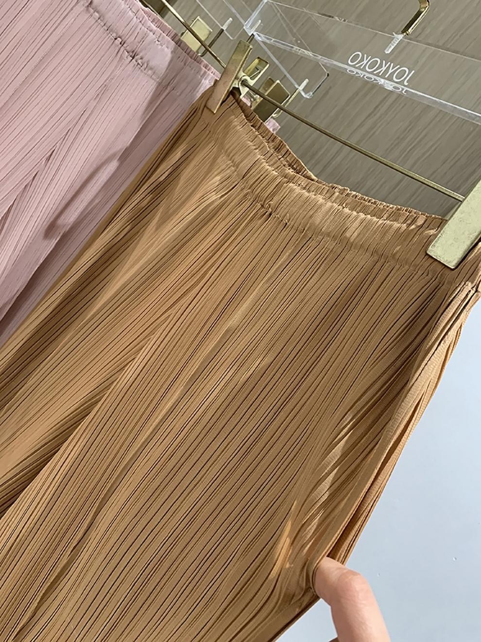 Miyake 2026 Straight-Leg Fashion High-Waisted Pocketed Cropped Pants with Elastic Waistband, Stretchy Pleated Slimming Cigarette Pants for Women