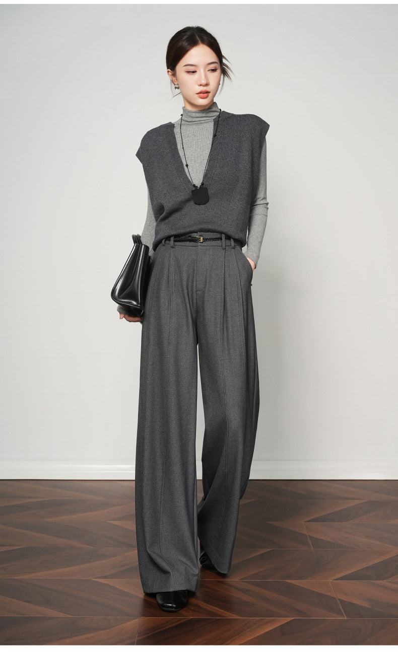 Authentic Wool Wide-Leg Pants for Women 25 New High-Waisted Slimming Tummy-Covering Straight-Leg Pants Women's Vertical Casual Pants