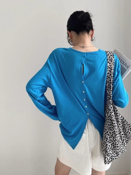 Back Design Sense Loose Micro-transparent Blouse Spring and Summer New Long-sleeved Sunscreen T-shirt Top for Women