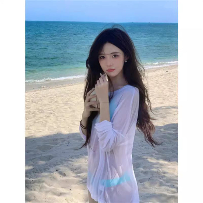 Beach Blouse Long-sleeved T-shirt Women's Spring and Autumn New Niche Seaside Vacation Outer Blouse Slightly Transparent All-match Top for Women
