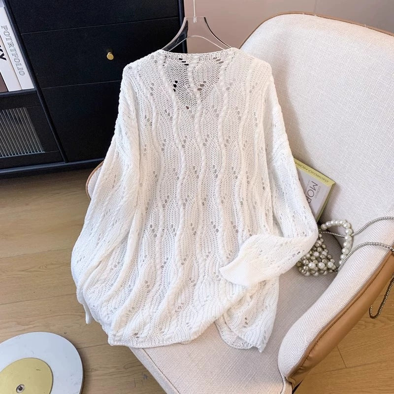 Designed Mid-Length Cut Out Early Spring Thin Loose Oversized Outer Blouse Top Women's Fashionable Knitwear