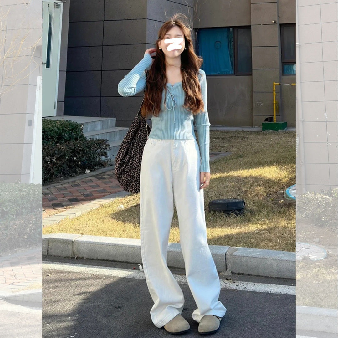 White Wide-Leg Jeans for Women, 2025 Spring New High-Waisted Loose Versatile Slimming Drape Straight-Leg Floor-Length Pants