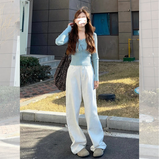 White Wide-Leg Jeans for Women, 2025 Spring New High-Waisted Loose Versatile Slimming Drape Straight-Leg Floor-Length Pants