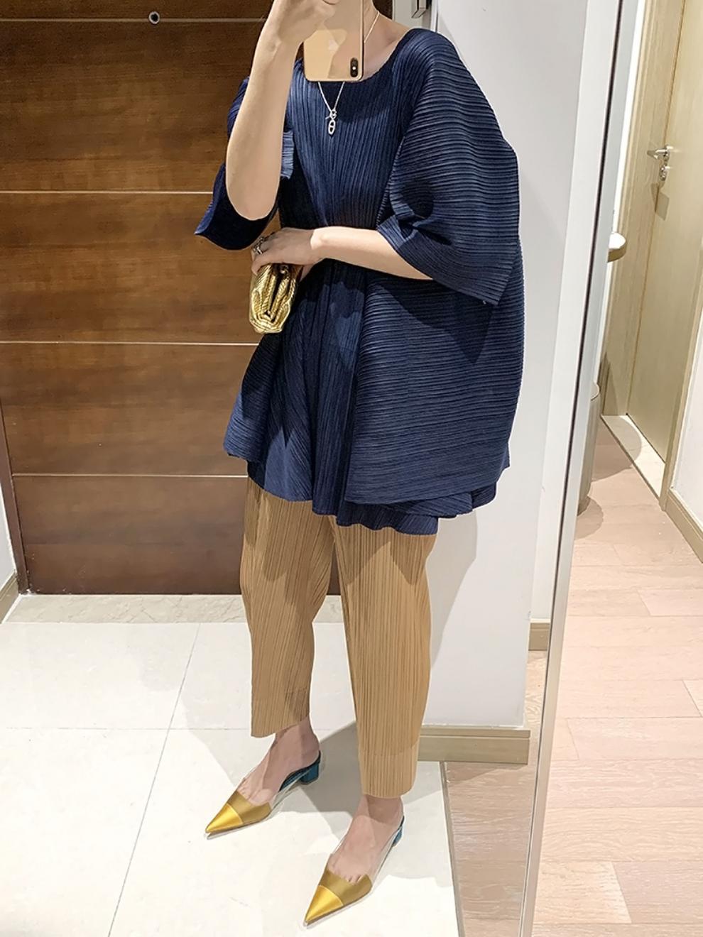 Miyake 2026 Straight-Leg Fashion High-Waisted Pocketed Cropped Pants with Elastic Waistband, Stretchy Pleated Slimming Cigarette Pants for Women