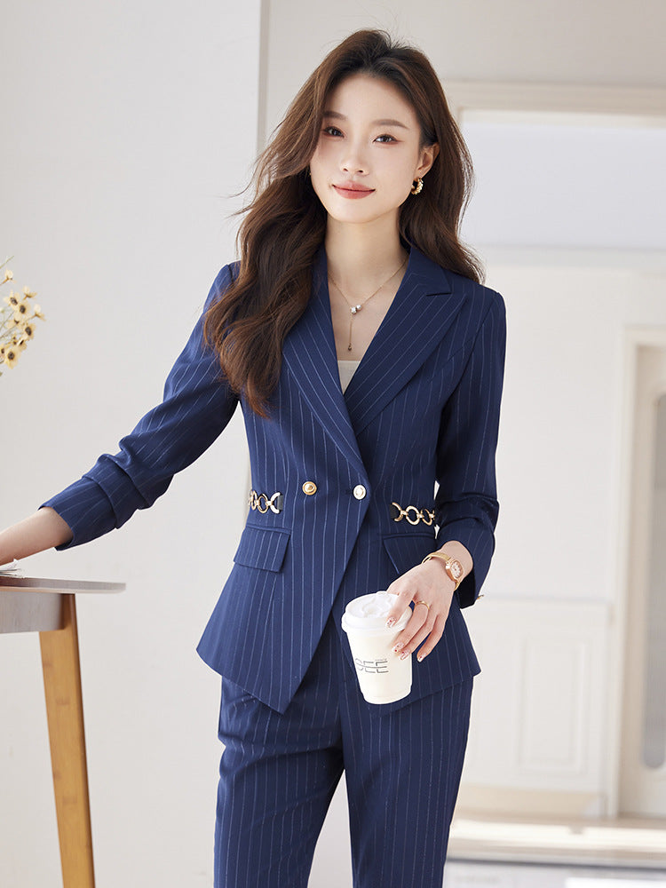 Cross-Border Spring and Autumn Striped Business Suit for Women, Blazer with Flared Pants, Slim Fit Waist-Cinching Workwear for Office and Hotel Reception