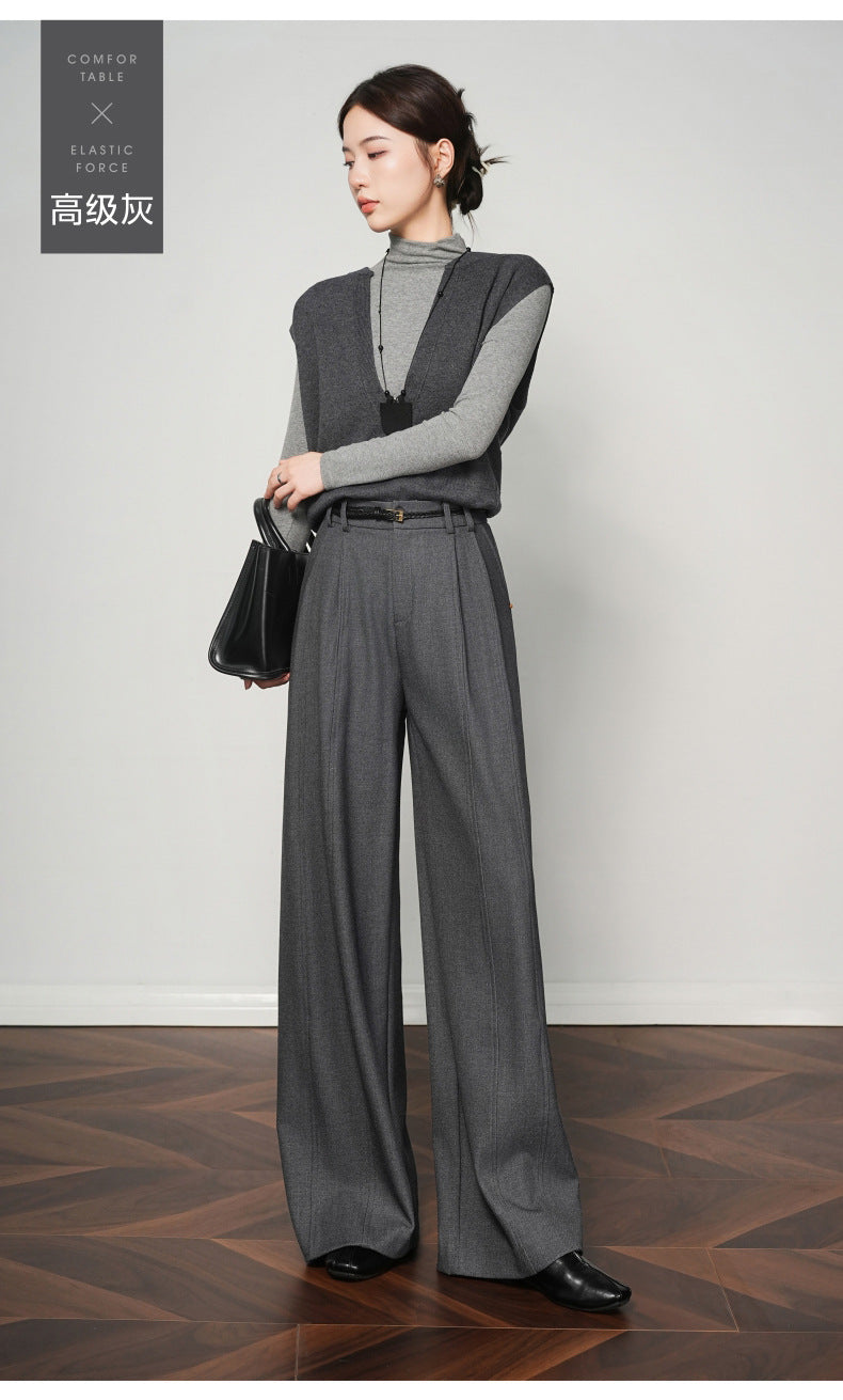 Authentic Wool Wide-Leg Pants for Women 25 New High-Waisted Slimming Tummy-Covering Straight-Leg Pants Women's Vertical Casual Pants