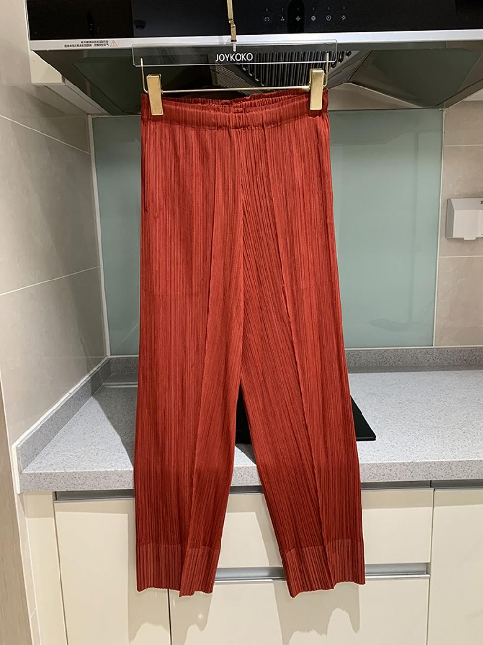 Miyake 2026 Straight-Leg Fashion High-Waisted Pocketed Cropped Pants with Elastic Waistband, Stretchy Pleated Slimming Cigarette Pants for Women