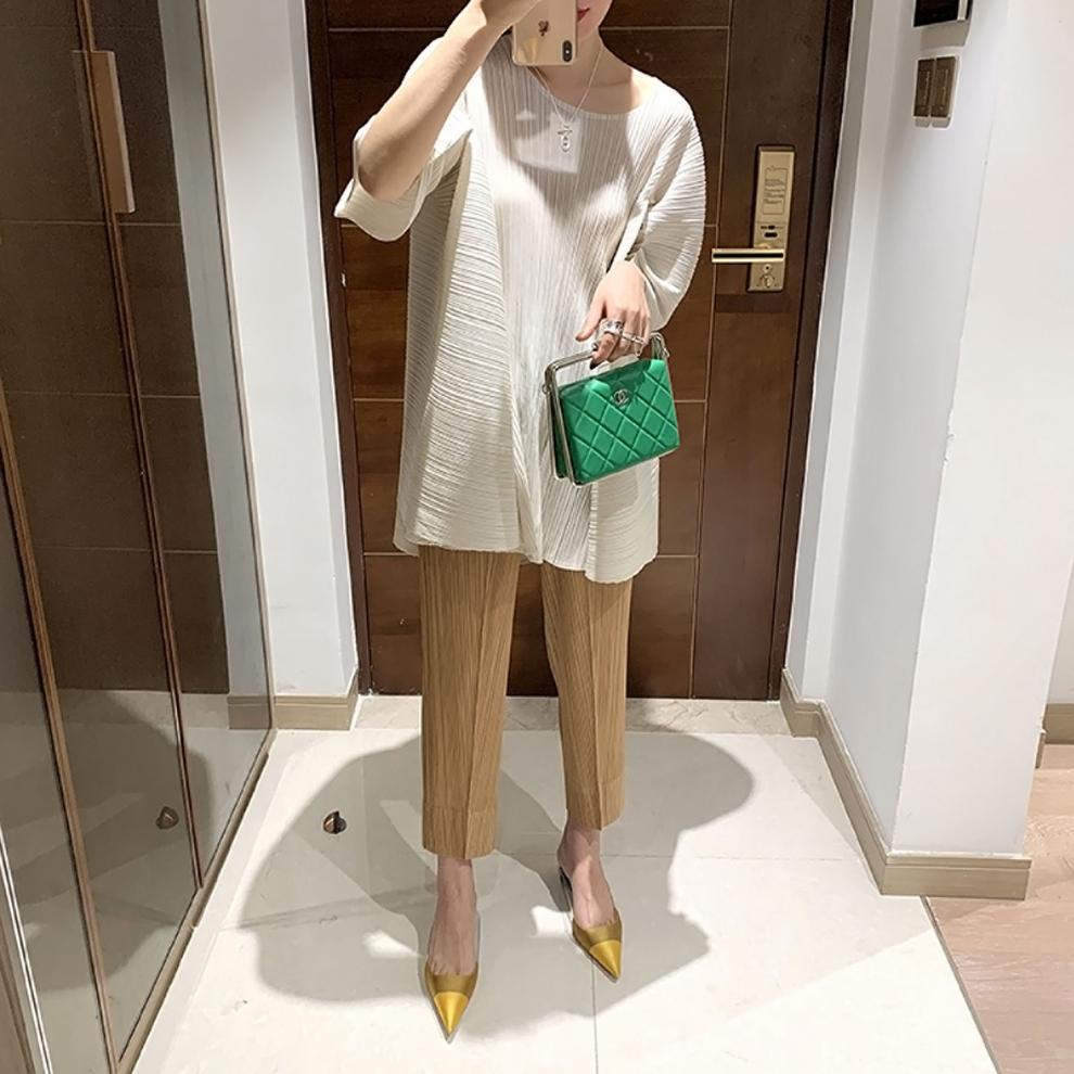 Miyake 2026 Straight-Leg Fashion High-Waisted Pocketed Cropped Pants with Elastic Waistband, Stretchy Pleated Slimming Cigarette Pants for Women