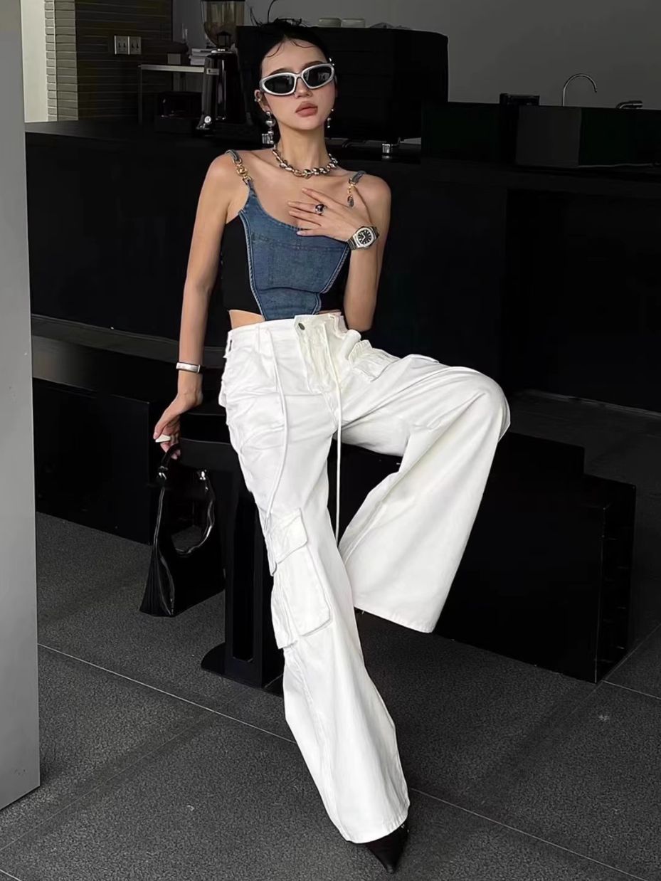 American Retro Drawstring Cargo Pants for Women, 2026 Spring and Autumn Versatile High-Waisted Wide-Leg Straight Long Pants, Workwear Style Trend