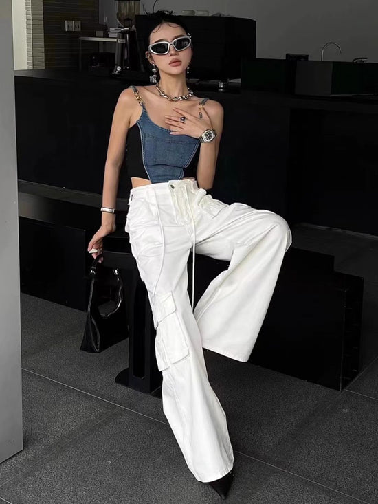 American Retro Drawstring Cargo Pants for Women, 2026 Spring and Autumn Versatile High-Waisted Wide-Leg Straight Long Pants, Workwear Style Trend