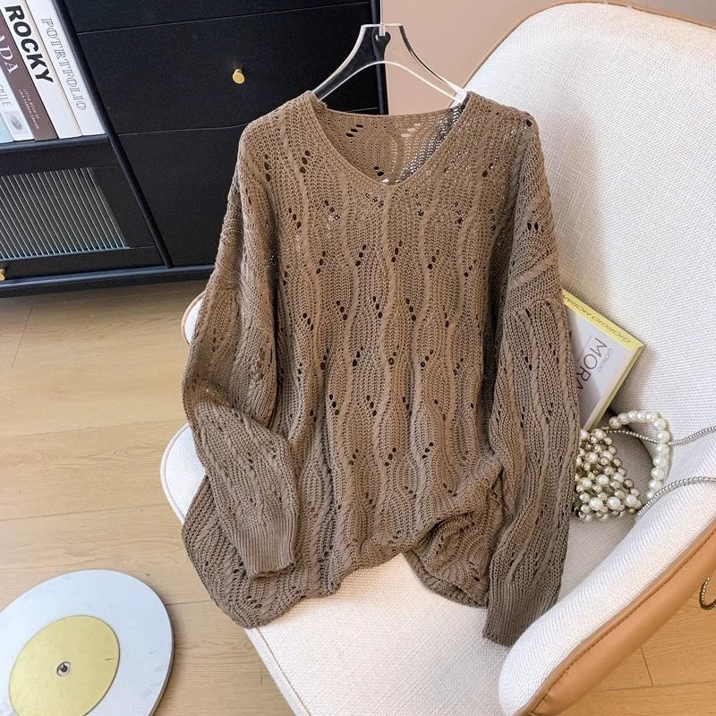 Designed Mid-Length Cut Out Early Spring Thin Loose Oversized Outer Blouse Top Women's Fashionable Knitwear