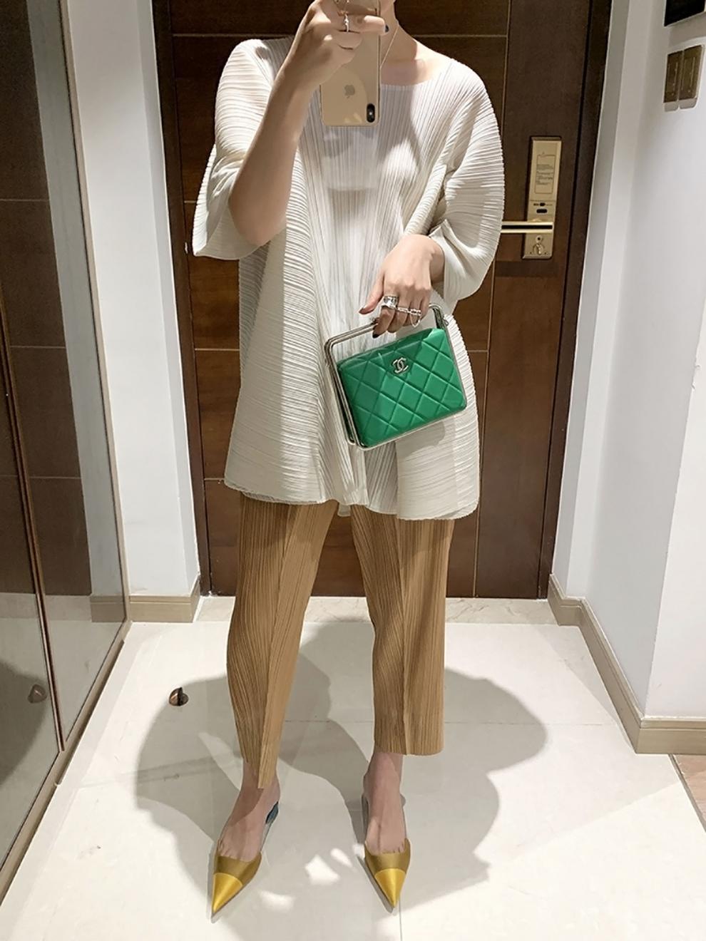 Miyake 2026 Straight-Leg Fashion High-Waisted Pocketed Cropped Pants with Elastic Waistband, Stretchy Pleated Slimming Cigarette Pants for Women