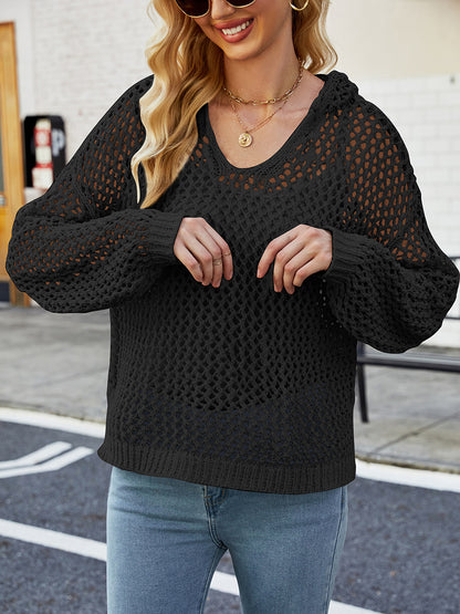 Amazon's Popular Fashion Loose Outer Wear Long-Sleeved Cut Out Blouse 2023 European and American Pure Color Casual Hooded Sweater for Women