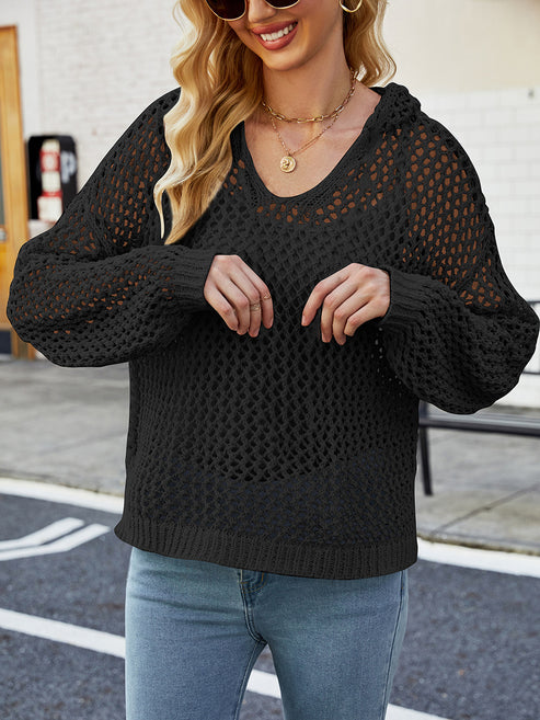 Amazon's Popular Fashion Loose Outer Wear Long-Sleeved Cut Out Blouse 2023 European and American Pure Color Casual Hooded Sweater for Women
