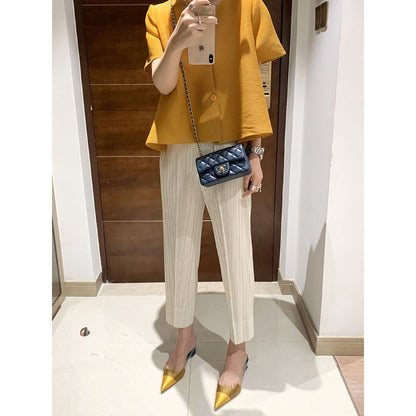 Miyake 2026 Straight-Leg Fashion High-Waisted Pocketed Cropped Pants with Elastic Waistband, Stretchy Pleated Slimming Cigarette Pants for Women