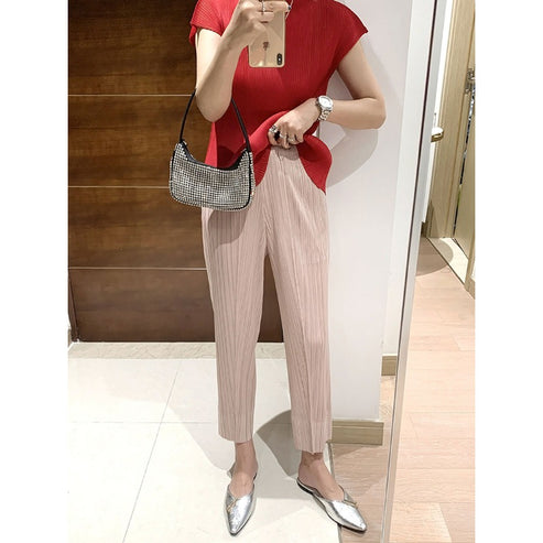 Miyake 2026 Straight-Leg Fashion High-Waisted Pocketed Cropped Pants with Elastic Waistband, Stretchy Pleated Slimming Cigarette Pants for Women