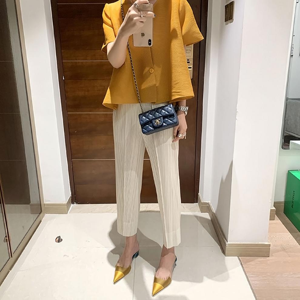 Miyake 2026 Straight-Leg Fashion High-Waisted Pocketed Cropped Pants with Elastic Waistband, Stretchy Pleated Slimming Cigarette Pants for Women