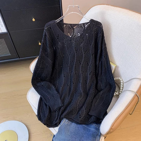 Designed Mid-Length Cut Out Early Spring Thin Loose Oversized Outer Blouse Top Women's Fashionable Knitwear