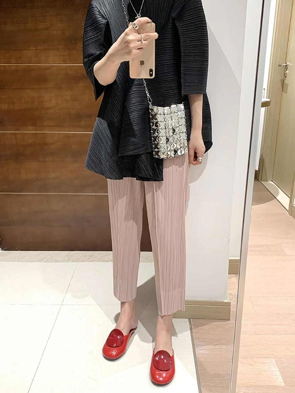 Miyake 2026 Straight-Leg Fashion High-Waisted Pocketed Cropped Pants with Elastic Waistband, Stretchy Pleated Slimming Cigarette Pants for Women