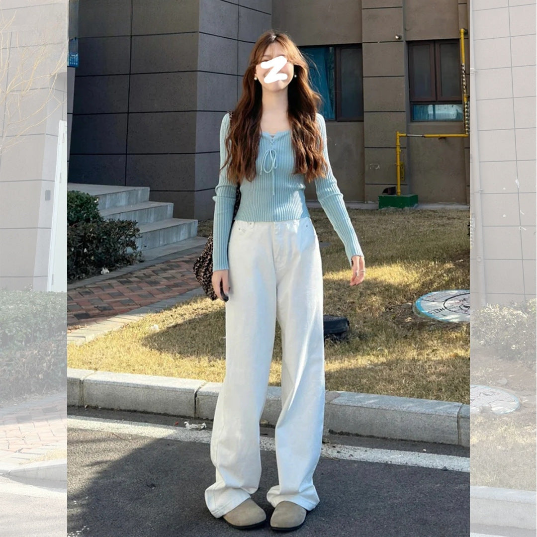 White Wide-Leg Jeans for Women, 2025 Spring New High-Waisted Loose Versatile Slimming Drape Straight-Leg Floor-Length Pants