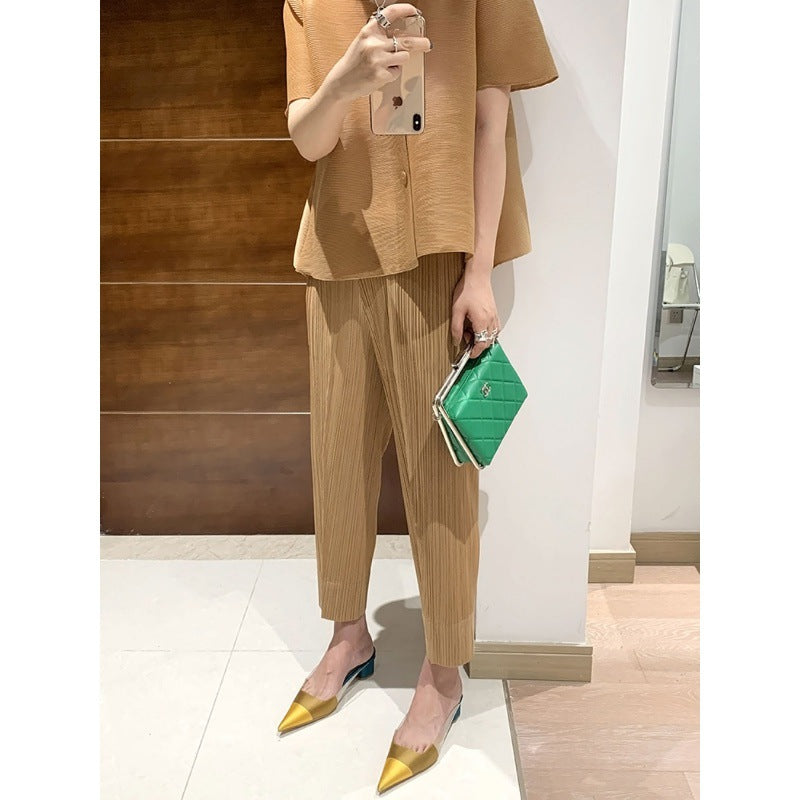 Miyake 2026 Straight-Leg Fashion High-Waisted Pocketed Cropped Pants with Elastic Waistband, Stretchy Pleated Slimming Cigarette Pants for Women