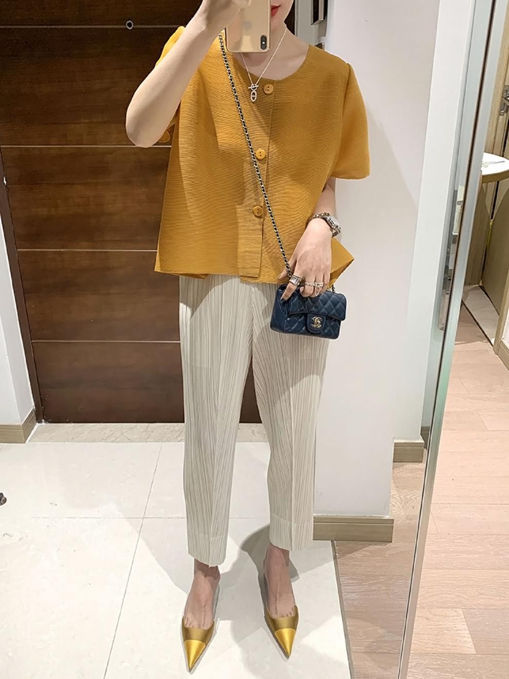 Miyake 2026 Straight-Leg Fashion High-Waisted Pocketed Cropped Pants with Elastic Waistband, Stretchy Pleated Slimming Cigarette Pants for Women
