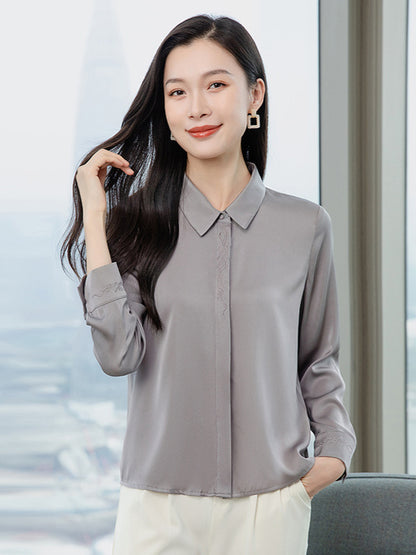 2026 Spring and Autumn Women's Silk Shirt, Solid Color, Turn-Down Collar, Long Sleeve, Real Silk Blouse, Office Professional Top