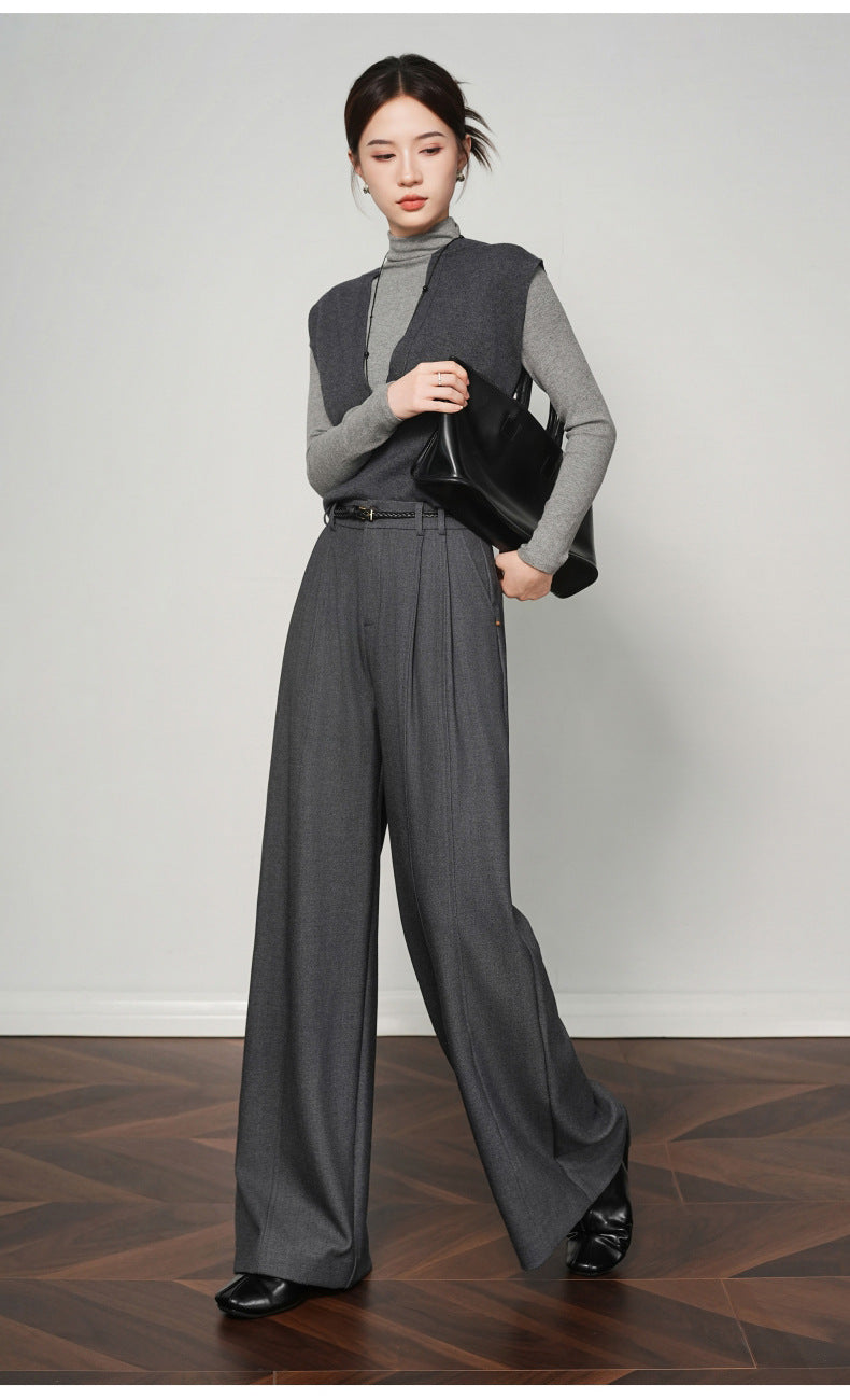 Authentic Wool Wide-Leg Pants for Women 25 New High-Waisted Slimming Tummy-Covering Straight-Leg Pants Women's Vertical Casual Pants