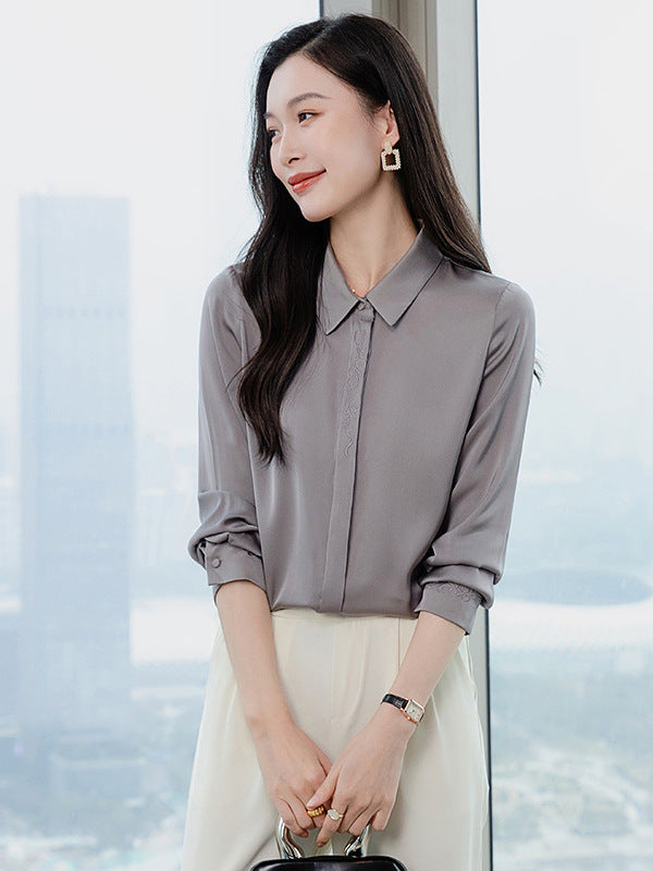 2026 Spring and Autumn Women's Silk Shirt, Solid Color, Turn-Down Collar, Long Sleeve, Real Silk Blouse, Office Professional Top