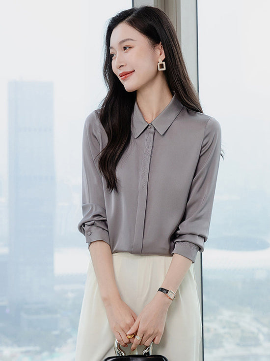 2026 Spring and Autumn Women's Silk Shirt, Solid Color, Turn-Down Collar, Long Sleeve, Real Silk Blouse, Office Professional Top