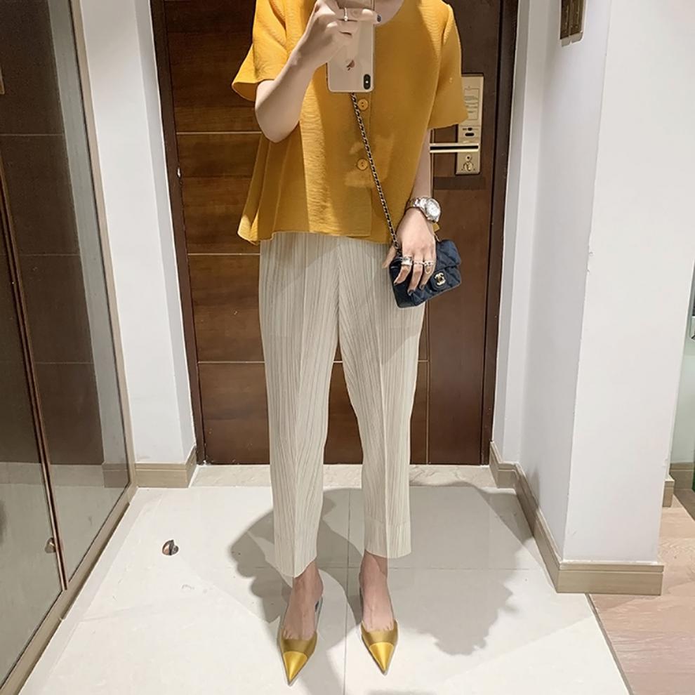 Miyake 2026 Straight-Leg Fashion High-Waisted Pocketed Cropped Pants with Elastic Waistband, Stretchy Pleated Slimming Cigarette Pants for Women