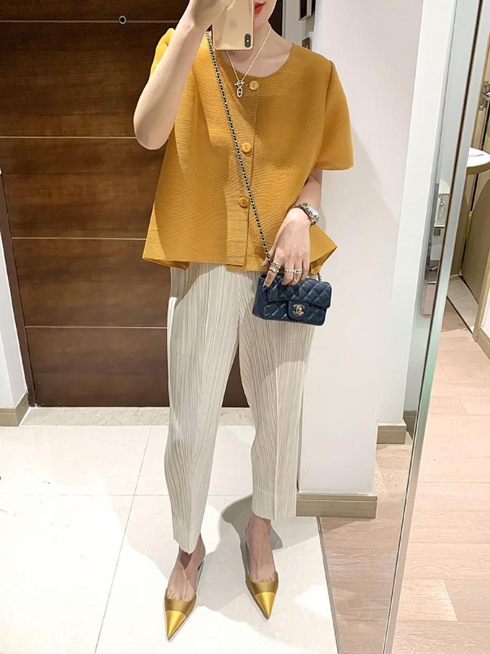 Miyake 2026 Straight-Leg Fashion High-Waisted Pocketed Cropped Pants with Elastic Waistband, Stretchy Pleated Slimming Cigarette Pants for Women