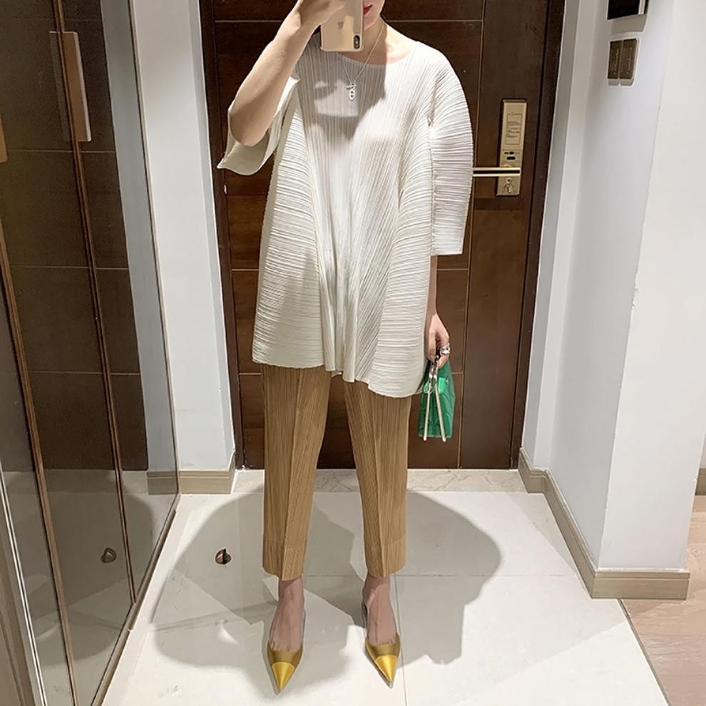Miyake 2026 Straight-Leg Fashion High-Waisted Pocketed Cropped Pants with Elastic Waistband, Stretchy Pleated Slimming Cigarette Pants for Women