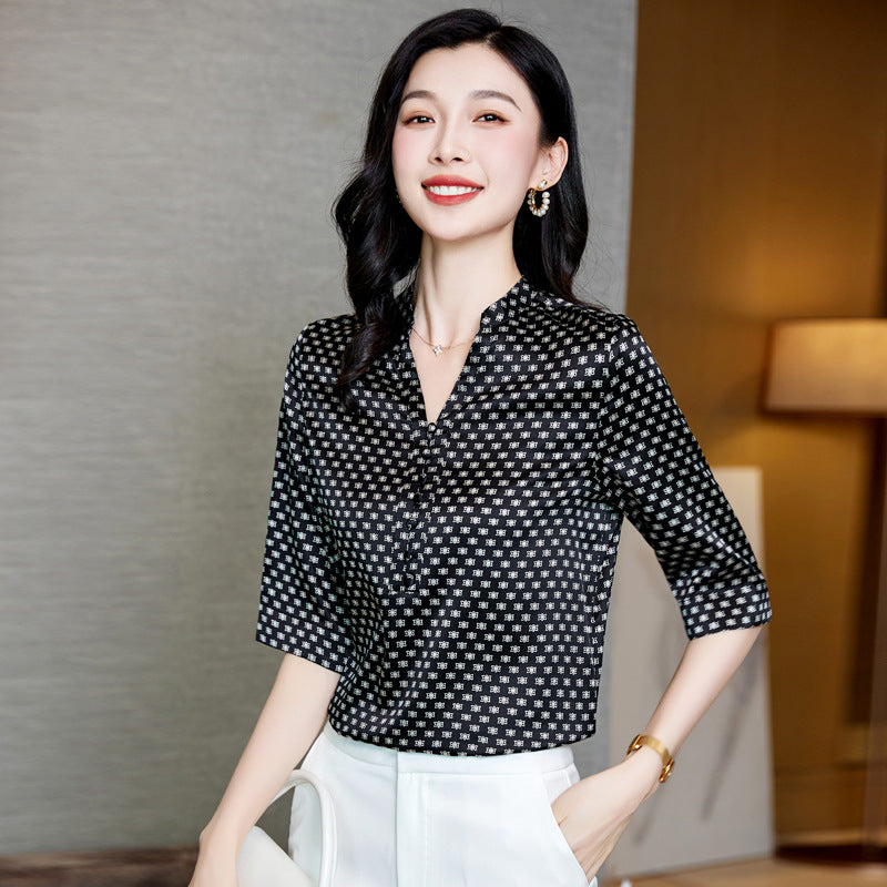 Short-Sleeved Silk Mid-Sleeve Shirt for Women, New V-Neck Elegant Office Wear, Japanese and Korean Casual Mulberry Silk Shirt