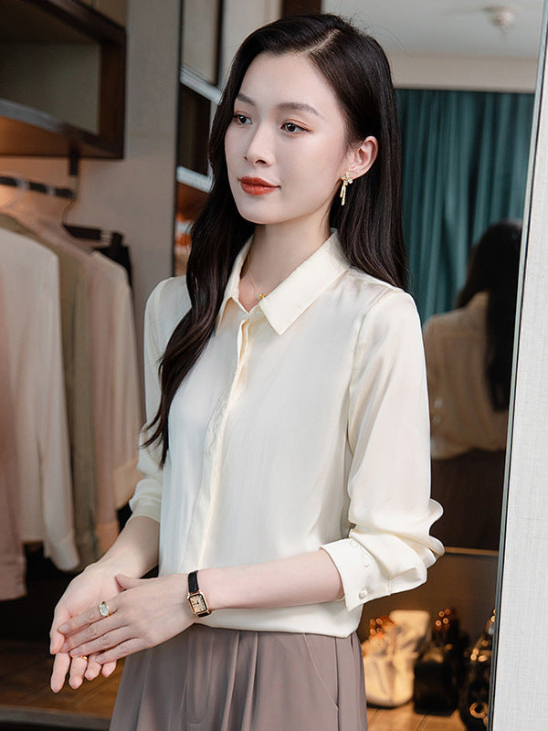 2026 Spring and Autumn Women's Silk Shirt, Solid Color, Turn-Down Collar, Long Sleeve, Real Silk Blouse, Office Professional Top