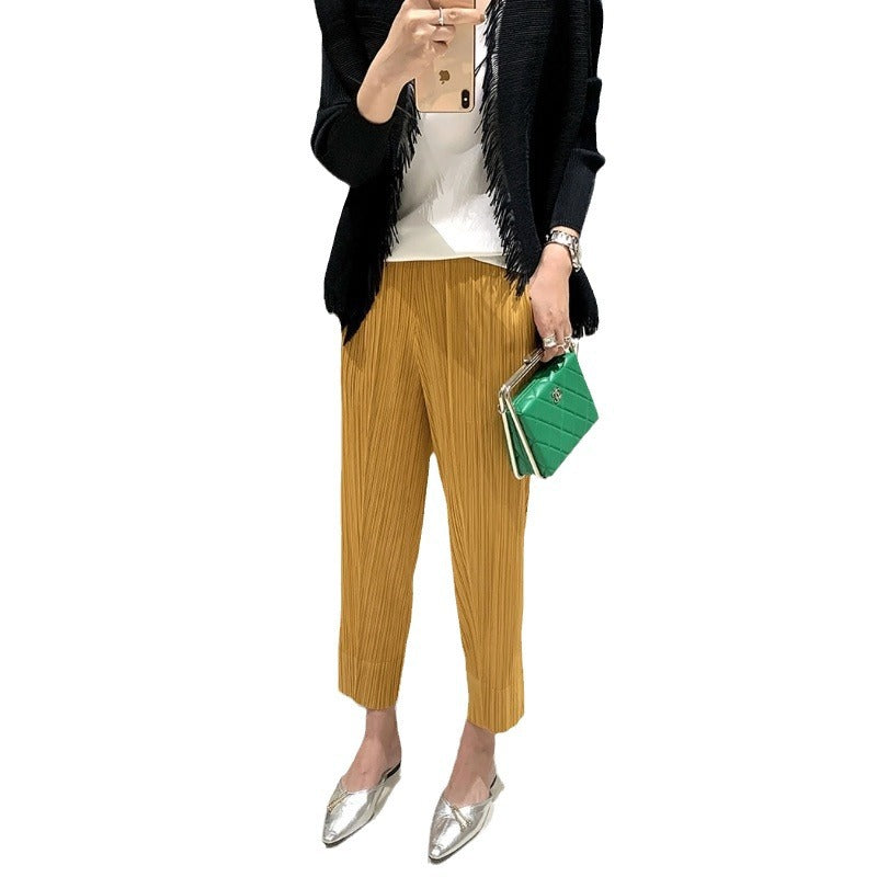 Miyake 2026 Straight-Leg Fashion High-Waisted Pocketed Cropped Pants with Elastic Waistband, Stretchy Pleated Slimming Cigarette Pants for Women