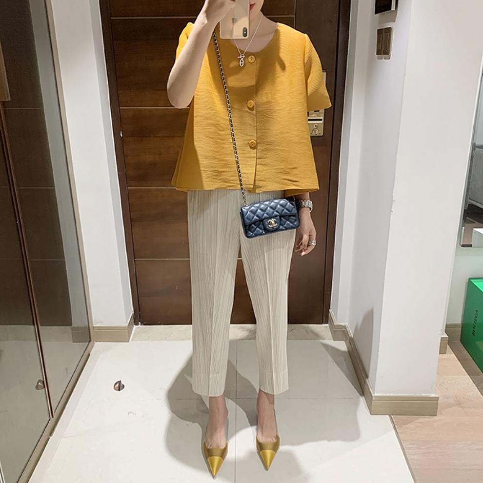 Miyake 2026 Straight-Leg Fashion High-Waisted Pocketed Cropped Pants with Elastic Waistband, Stretchy Pleated Slimming Cigarette Pants for Women
