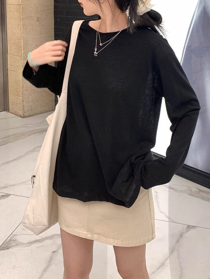 Back Design Sense Loose Micro-transparent Blouse Spring and Summer New Long-sleeved Sunscreen T-shirt Top for Women