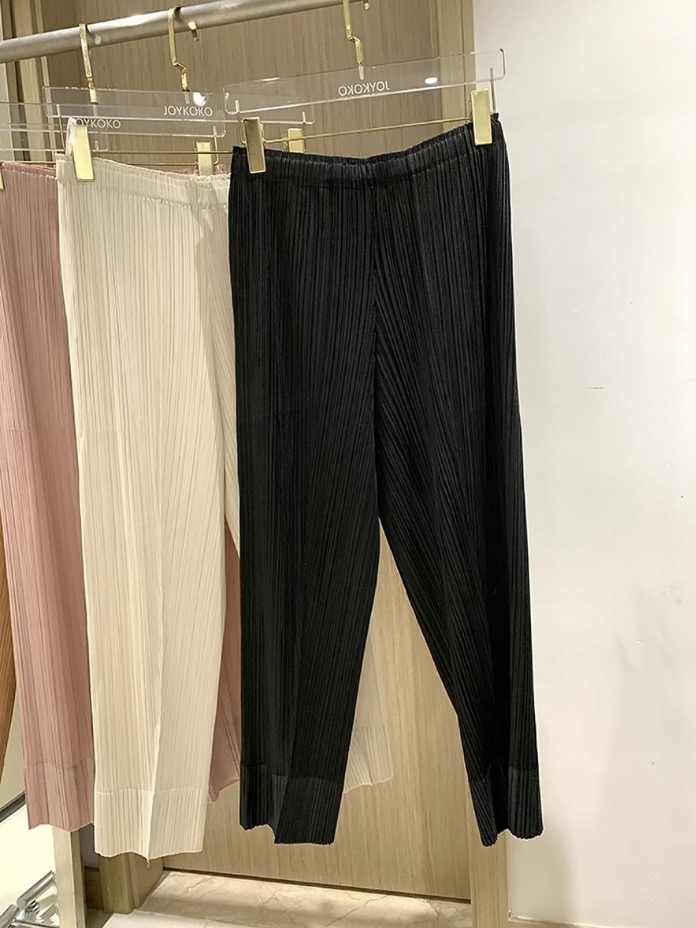 Miyake 2026 Straight-Leg Fashion High-Waisted Pocketed Cropped Pants with Elastic Waistband, Stretchy Pleated Slimming Cigarette Pants for Women
