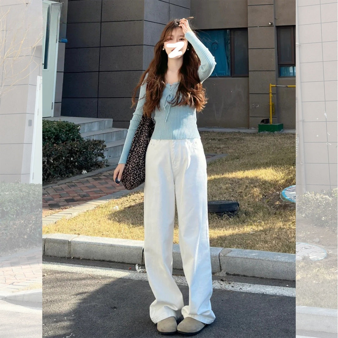 White Wide-Leg Jeans for Women, 2025 Spring New High-Waisted Loose Versatile Slimming Drape Straight-Leg Floor-Length Pants