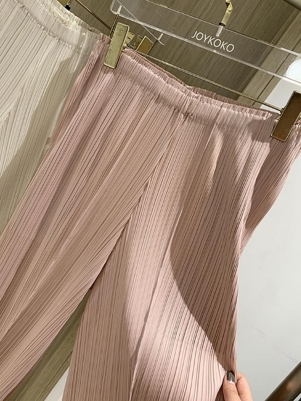 Miyake 2026 Straight-Leg Fashion High-Waisted Pocketed Cropped Pants with Elastic Waistband, Stretchy Pleated Slimming Cigarette Pants for Women