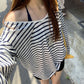 Red Celebrity Sun Protection Blouse Women's Summer Ootd Wear 2025 New Long-Sleeved T-Shirt Loose Stripesd Slanted Shoulder Top