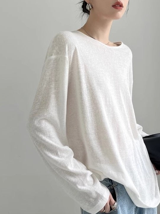 Back Design Sense Loose Micro-transparent Blouse Spring and Summer New Long-sleeved Sunscreen T-shirt Top for Women