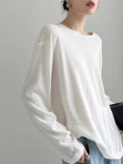 Back Design Sense Loose Micro-transparent Blouse Spring and Summer New Long-sleeved Sunscreen T-shirt Top for Women